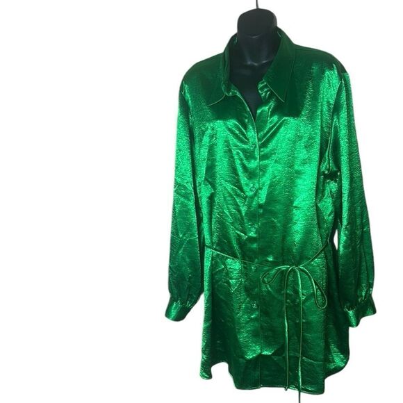 Susan graver style textured satin belted tunic blouse gemstone buttons 2x - Picture 1 of 6